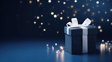 Festive blue background with sparkles and a small white gift box Celebrating holidays or birthdays with dark color scheme Visual representation Available for cus . Mockup image