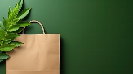 Kraft paper bag with green leaves on green background Sustainable packaging concept for street food Ethical consumerism. Mockup image