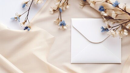 Minimalistic invitation template for weddings and birthdays featuring an empty open envelope copy space a blue floral branch on a light neutral textile backgroun. Mockup image