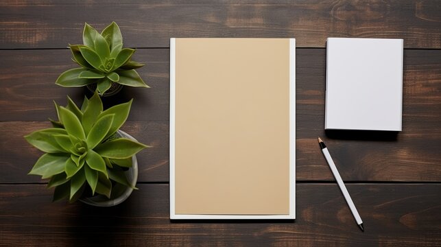 Top down office desk setup with white paper diary pen plant branches on wooden background Creative workspace concept . Mockup image