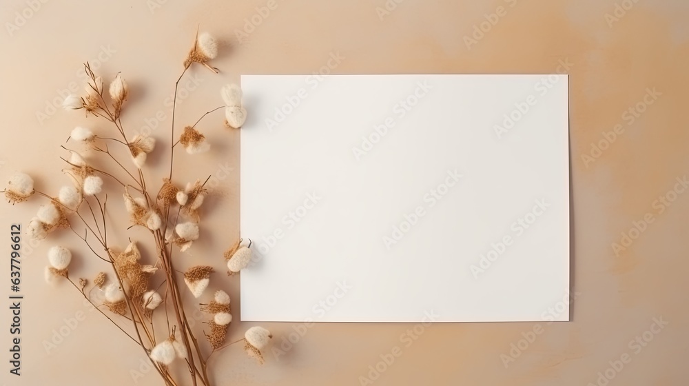 Poster Empty white paper with flowers and a branch on beige background Invitation card mockup on table Flat lay top view copy space mockup