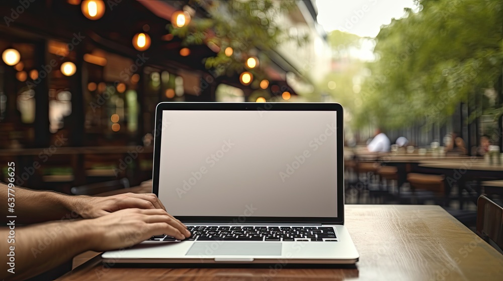 Leinwandbilder a photo of a hand using a laptop with a blank screen on a wooden table in a cafe. mockup image