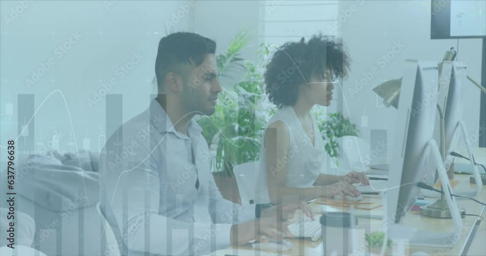 Poster animation of multiple graphs, changing numbers over diverse coworkers working on desktop in office
