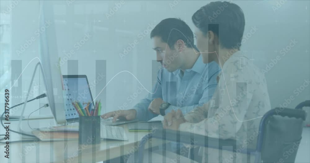Poster animation of multiple graphs with changing numbers, diverse coworkers discussing on laptop