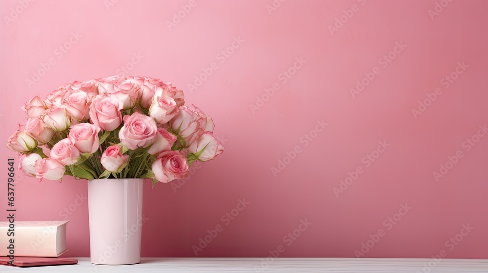 Poster front view of a red book mockup on an office desk with a pink wall background featuring a vase of pi