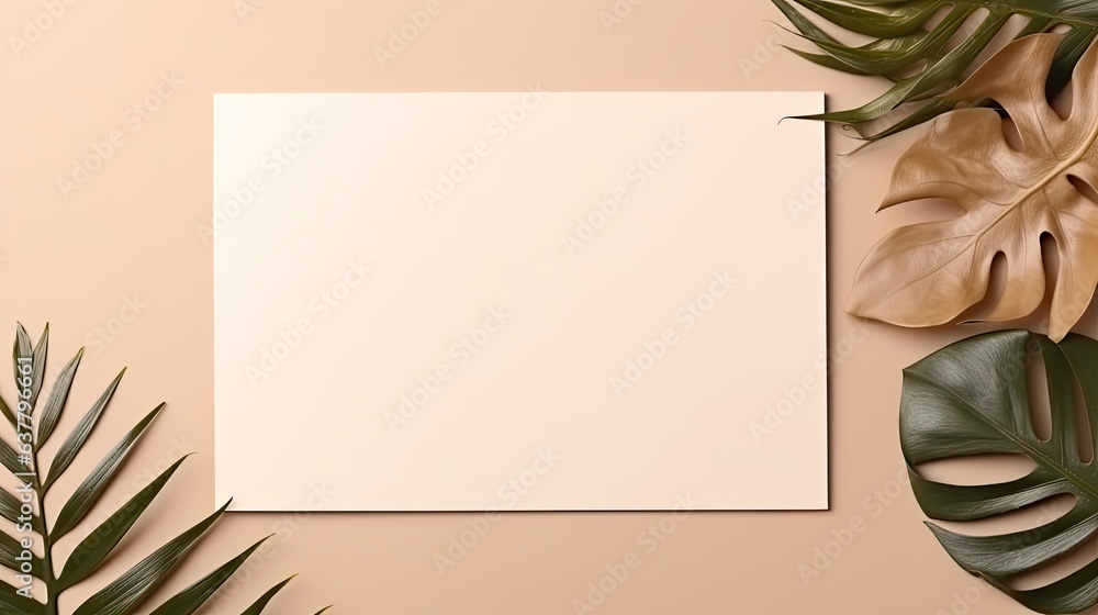 Poster top view of card mockup with copy space greetings wedding invitations blank paper sheet dry palm lea