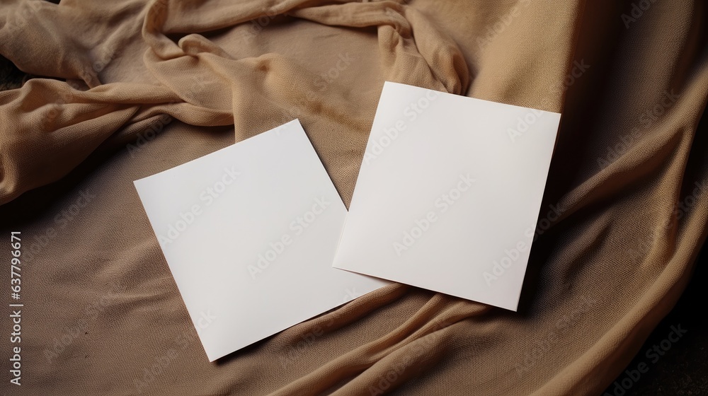 Poster Two blank paper cards with space for text on a textured background for business branding or invitations. Mockup image