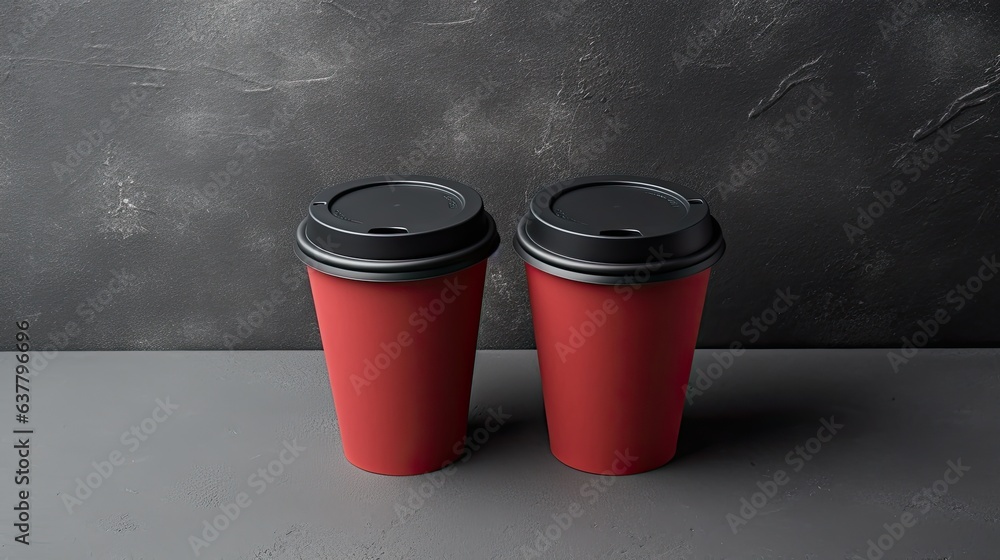 Aufkleber two disposable coffee cups with lids and a blank business card on a concrete background. mockup imag