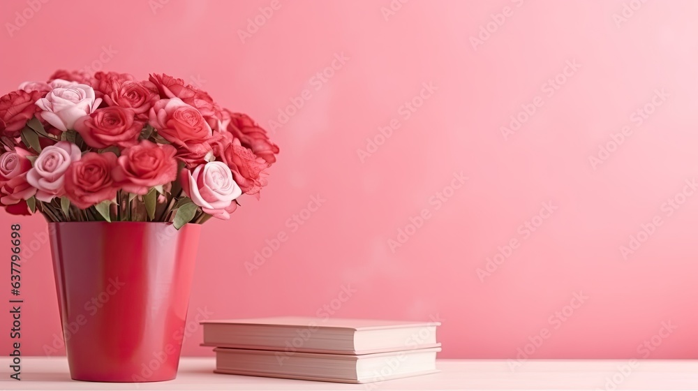 Aufkleber front view of a red book mockup on an office desk with a pink wall background featuring a vase of pi