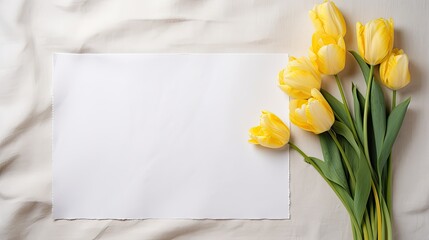 Minimalist business brand template with blank cards yellow tulip bouquet and crumpled linen background Top down view. Mockup image