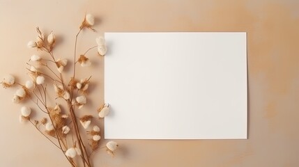 Empty white paper with flowers and a branch on beige background Invitation card mockup on table...