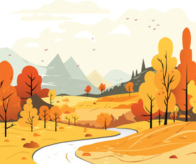 Vector illustrations of nature, autumn natural landscape, mountains, trees, river, fields for background or banner. Warm color, cute cartoon style