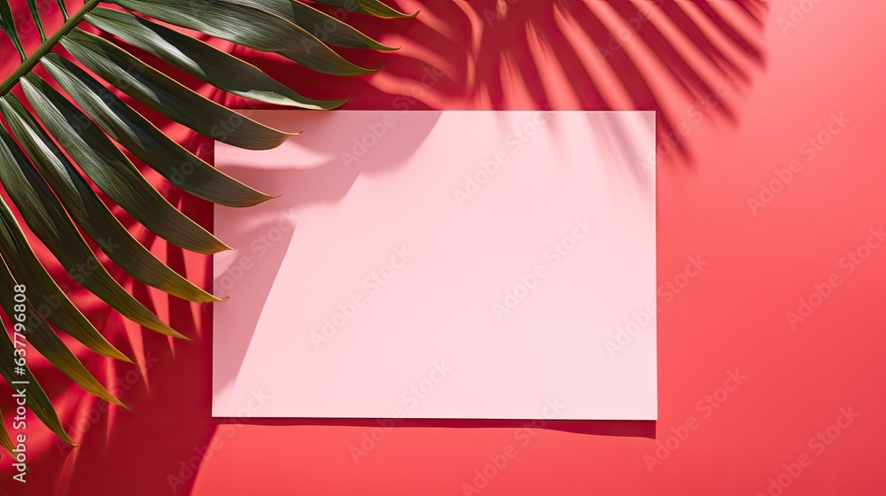 Poster Red background with a blank card and palm leaf on it minimalistic business template. Mockup image