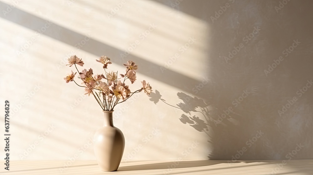 Aufkleber flowers in a vase cast a shadow on a neutral background with light and space for interior design. mo