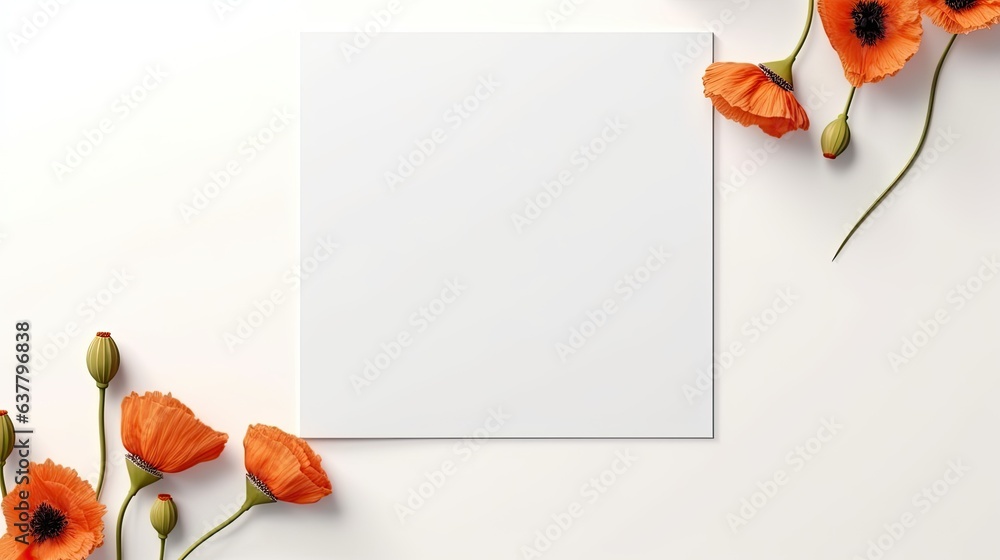 Poster Graphic design for branding and aesthetic logos using blank paper sheets and mockup copy space with dry poppy pods on a white background