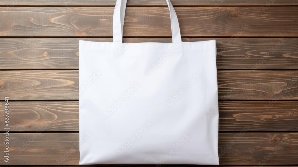 Aufkleber Empty blank template of a reusable shopping bag with a white cotton canvas material placed on a wooden background Top view with copy space suitable for showcasin. Mockup image