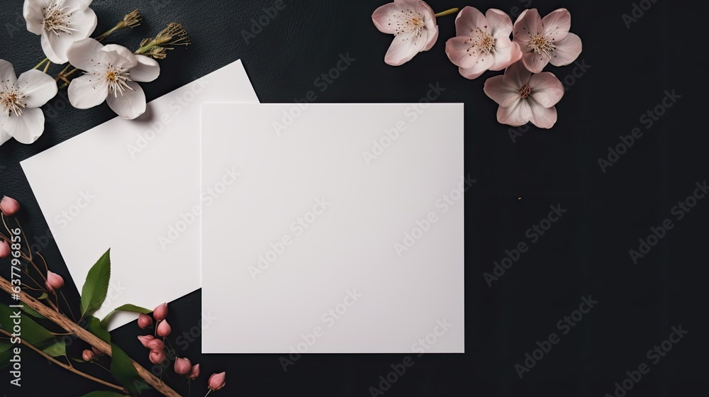 Aufkleber Minimalist branding template with mockup space on black table Aesthetic boho design Overhead view of blank cards
