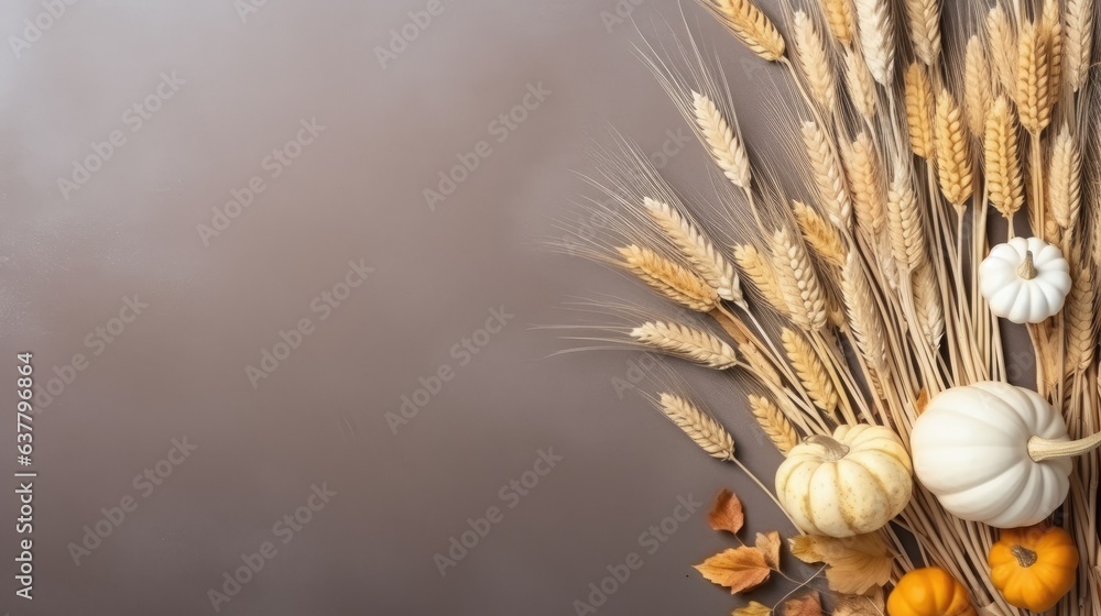 Aufkleber miniature pumpkins and dried grass in autumnal or holiday themed arrangement blank space for text ov