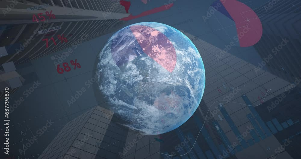 Poster animation of globe and infographic interface, globe over low angle view of buildings against sky