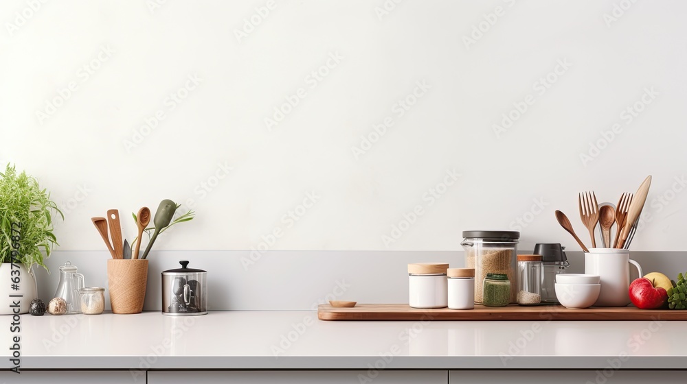 Aufkleber A modern kitchen backdrop with utensils on white counter and space for text . Mockup image
