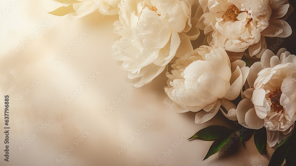 Aufkleber top view of neutral beige background with flatlay arrangement of peonies incorporating copy space an