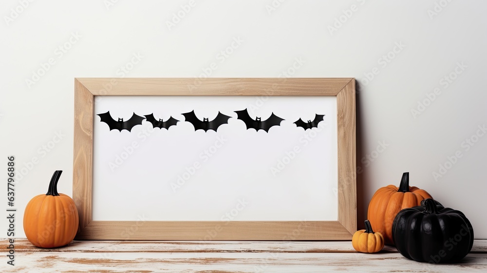 Poster Halloween themed display Black frame and rustic wood ghost decor on wood shelf with calendar Portrait frame on white wall with bats Empty area. Mockup image