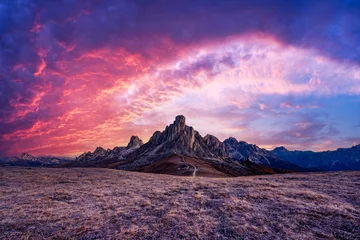 Selbstklebende Fototapete Dolomiten Picturesque landscape during incredible pink sunset in Italian Dolomites mountains. Passo Giau (Giau pass) with famous Ra Gusela and Nuvolau peaks on background. Dolomite Alps, Italy