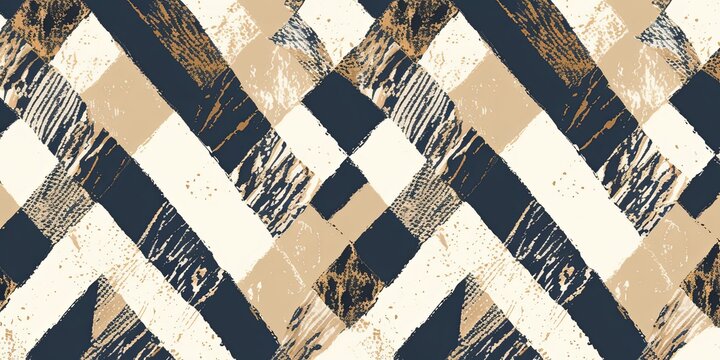 Seamless abstract african safari zebra and tiger stripes kintsugi background pattern. Contemporary geometric tribal diagonal stripe motif ripped fabric collage in navy, beige, brown, Generative AI