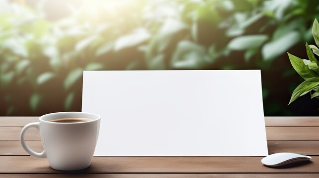 Home office concept with laptop coffee cup and blank paper card on a desk. Mockup image