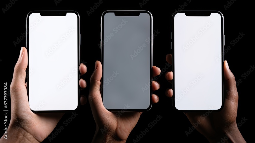 Aufkleber A black woman using a smartphone to browse the internet and present a blank screen for free use with various hand orientations isolated on a white background . Mockup image
