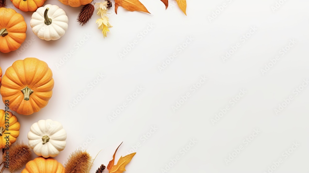 Aufkleber miniature pumpkins and dried grass in autumnal or holiday themed arrangement blank space for text ov