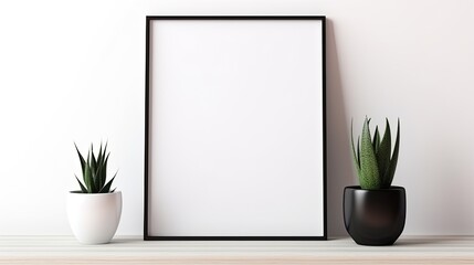 Succulent plant industrial lamp and black frame on shelf desk White surroundings Portrait frame orientation. Mockup image