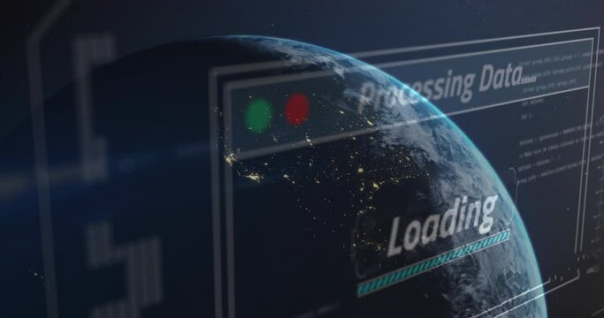 Animation of multiple text, loading bars over rotating globe against sun in space