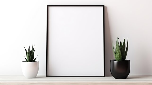 Succulent plant industrial lamp and black frame on shelf desk White surroundings Portrait frame orientation. Mockup image