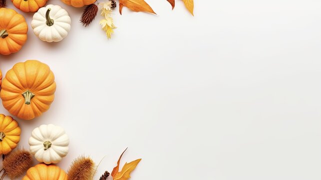 Miniature pumpkins and dried grass in autumnal or holiday themed arrangement Blank space for text Overhead view. Mockup image
