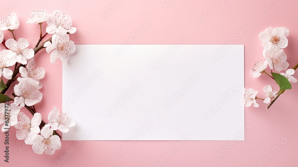 Aufkleber empty white paper with flower decoration on a pink background along with a mockup of a white invitat