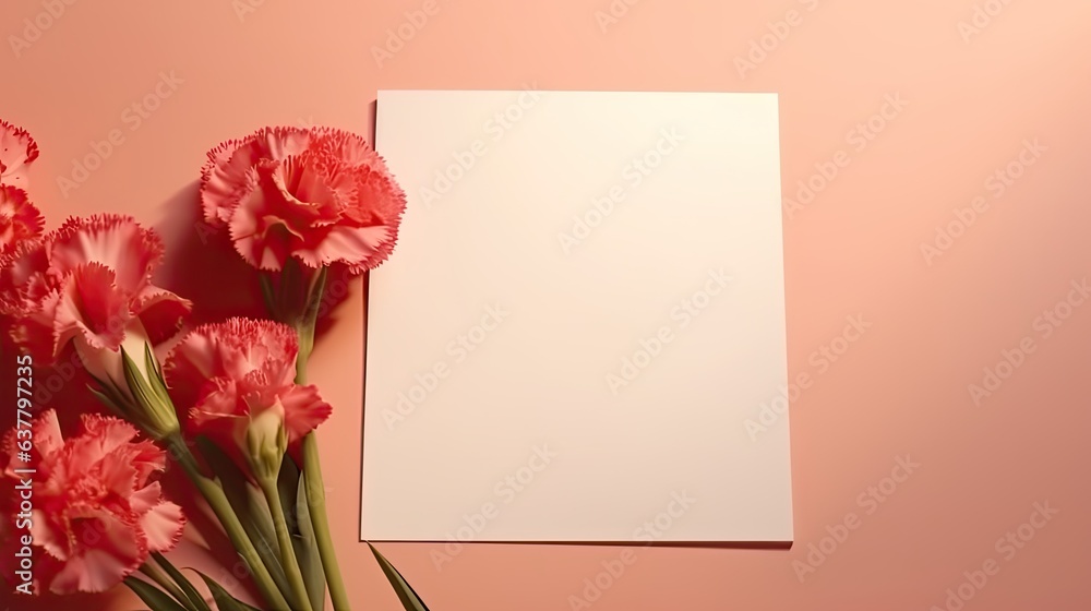 Poster minimal brand template with carnation flowers and copy space on blank paper aesthetic shadows in sun