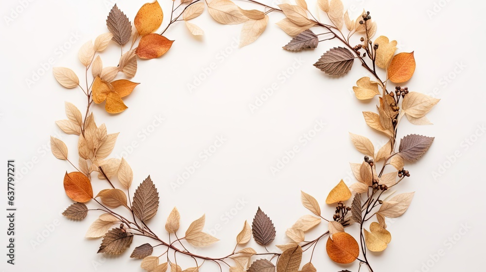 Aufkleber blank white frame for floral concept with copy space made of dry leaves and branches on white backgr