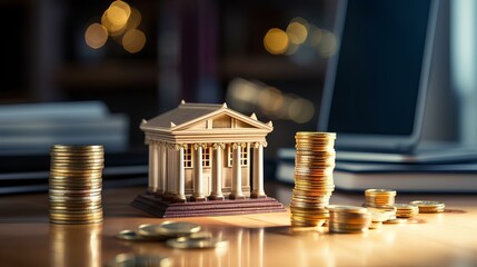A miniature bank on the table with coins.