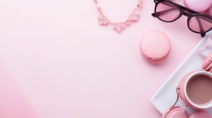 Pink themed accessories and treats for girls gatherings including watches glasses hairpins pen macaroons and a frame for mockup of copy space