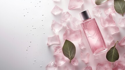 Pink unlabeled cosmetic product mockup placed on ice cubes with frozen gotu kola leaves on beige background for advertising purposes