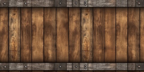 Seamless wooden beer or whiskey barrel with metal straps background texture. Tileable wine cask pattern with rustic oak wood planks and rusted iron trim. Vintage winery concept backdrop, Generative AI - obrazy, fototapety, plakaty