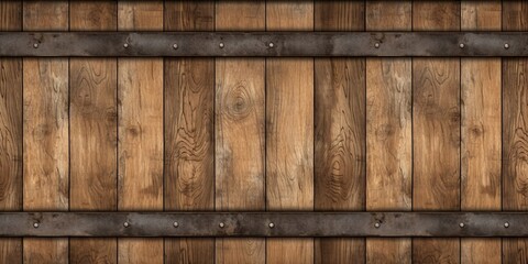 Seamless wooden beer or whiskey barrel with metal straps background texture. Tileable wine cask pattern with rustic oak wood planks and rusted iron trim. Vintage winery concept backdrop, Generative AI
