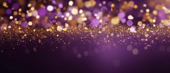 Fototapeta na wymiar Purple and gold abstract glitter bokeh background with copy space