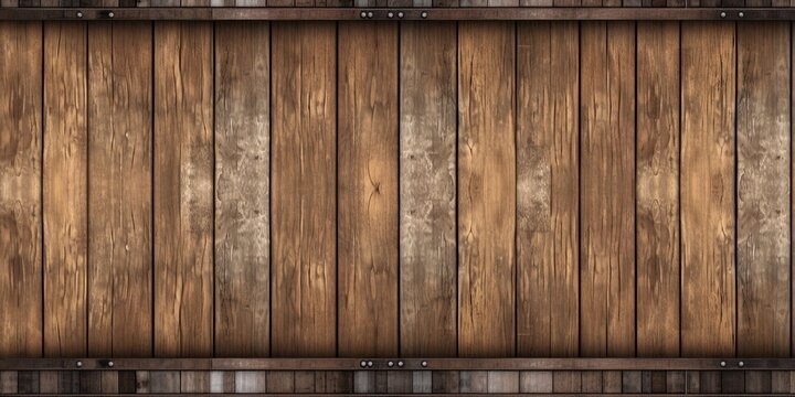 Seamless wooden beer or whiskey barrel with metal straps background texture. Tileable wine cask pattern with rustic oak wood planks and rusted iron trim. Vintage winery concept backdrop, Generative AI