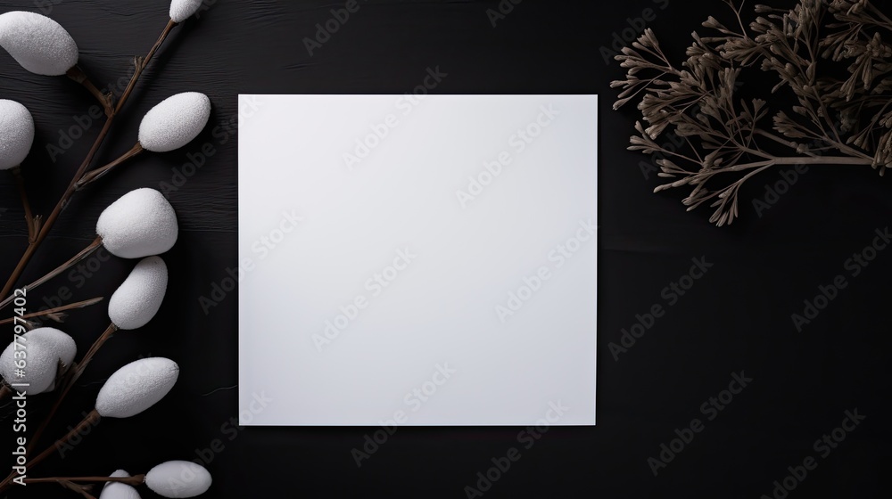 Aufkleber Minimalist branding template with mockup space on black table Aesthetic boho design Overhead view of blank cards