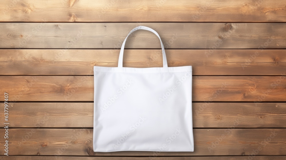 Aufkleber empty blank template of a reusable shopping bag with a white cotton canvas material placed on a wood