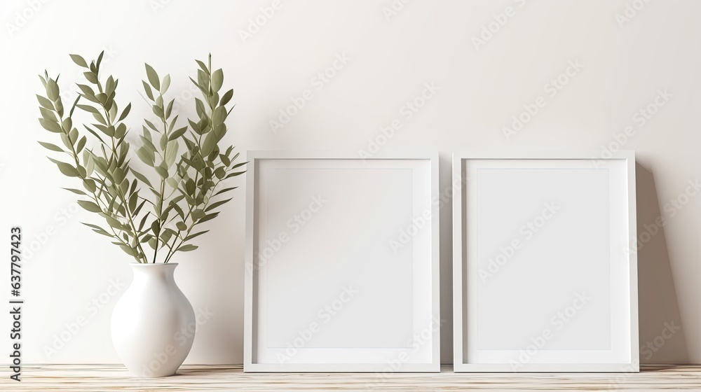 Aufkleber mockup of three frames with blank squares for artwork or print on white or gray wall with eucalyptus