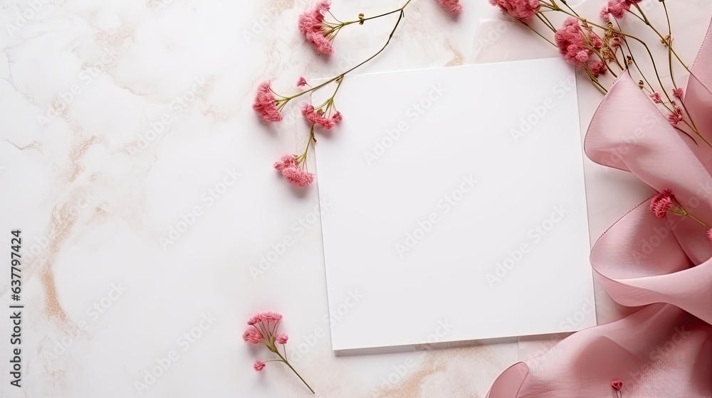 Poster top view over a white marble table with a blank vertical card pink flowers and silk ribbons ideal fo