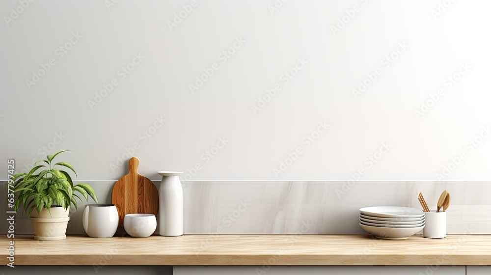 Aufkleber Modern kitchen setting with utensils on countertop space for text viewed from the front . Mockup image